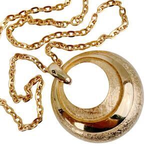 VTG 1970s Gold Tone Mod Crescent Pendant Necklace Statement Jewelry Sculptural